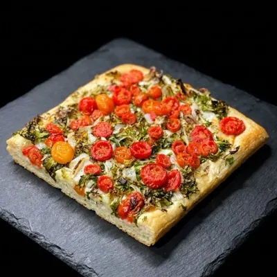 Focaccia messinese tradizionale con scarola, pomodoro e formaggio, venduta a peso